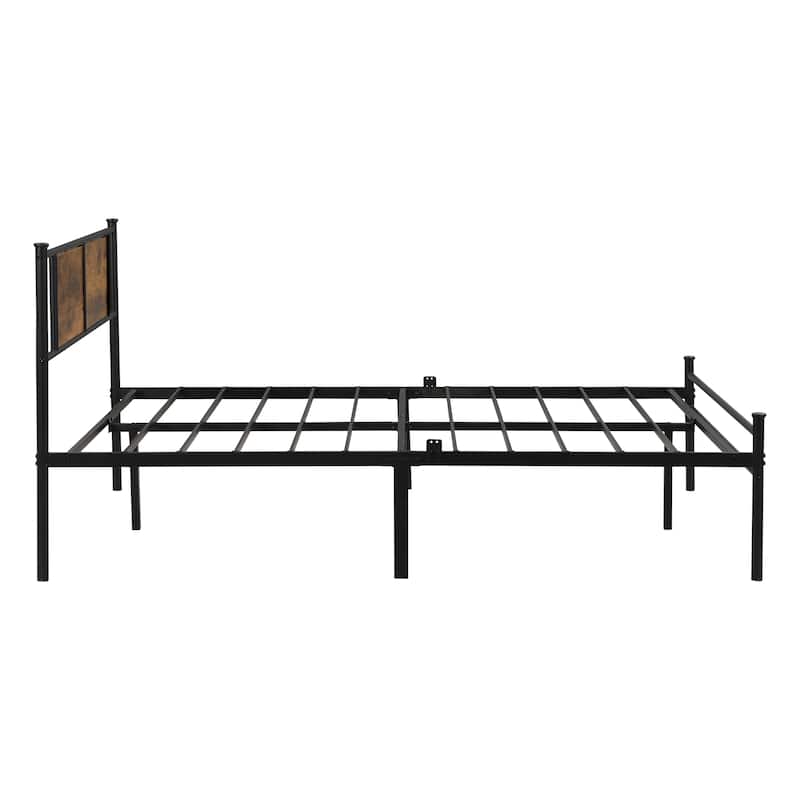 Metal Platform Bed Frame with Headboard and Wood Panel Decoration, Twin, Full, and Queen Sizes Bedroom Furniture