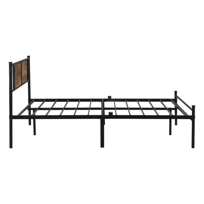 Queen Size Metal Platform Bed with Wood Panel Headboard and Under-Bed Storage