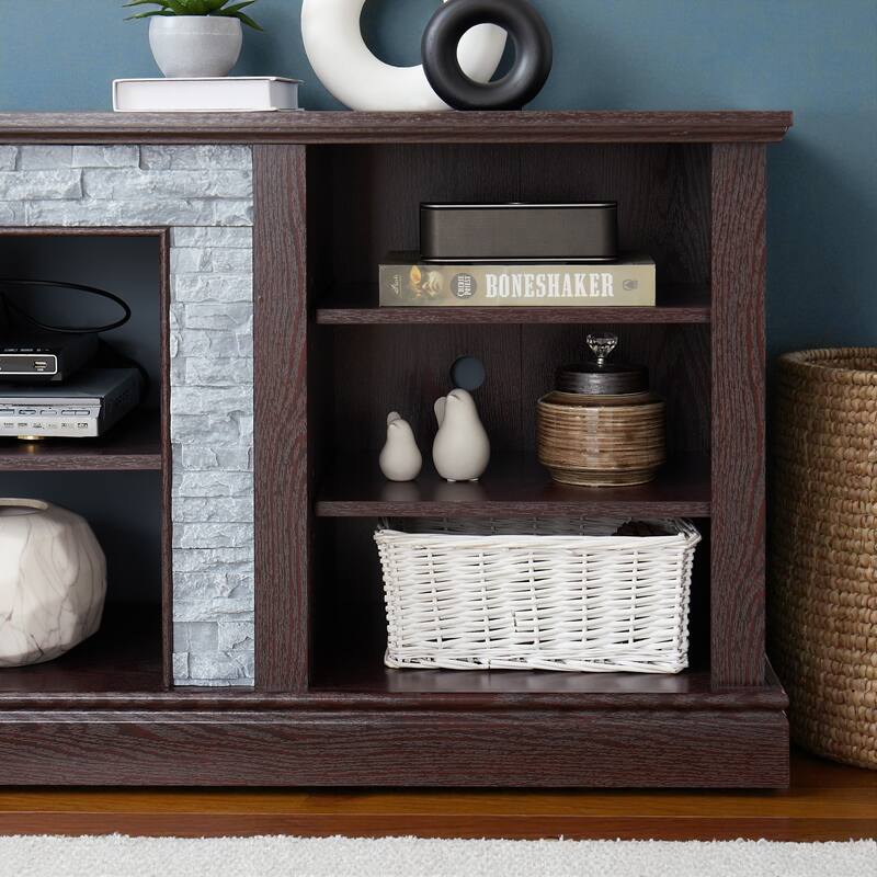 70" TV Stand with Faux Stacked Stone Surround, Modern Entertainment Console with Large Storage Cabinets