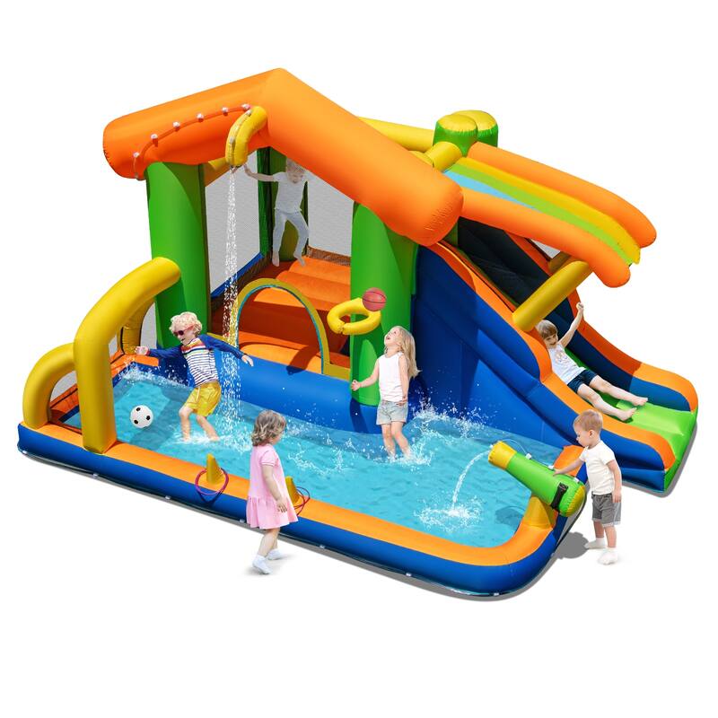 Gymax 8-in-1 Inflatable Bounce House Water Park w/ Slide Water Cannon - Multicolors - Multicolors - Kids