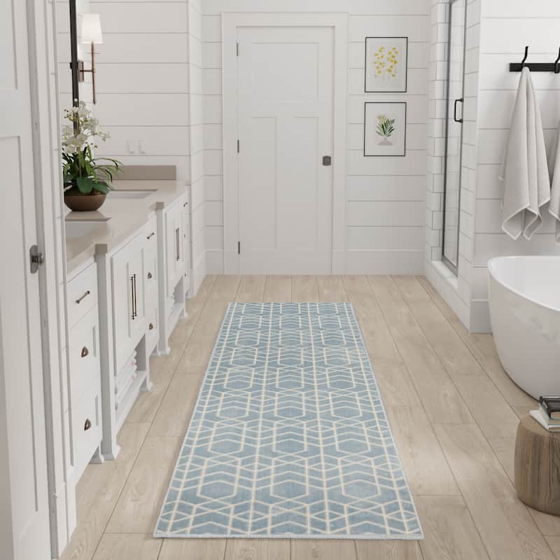 Nourison Washable Charm Indoor only Geometric Area Rug - Blue/Ivory - 2' x 6'