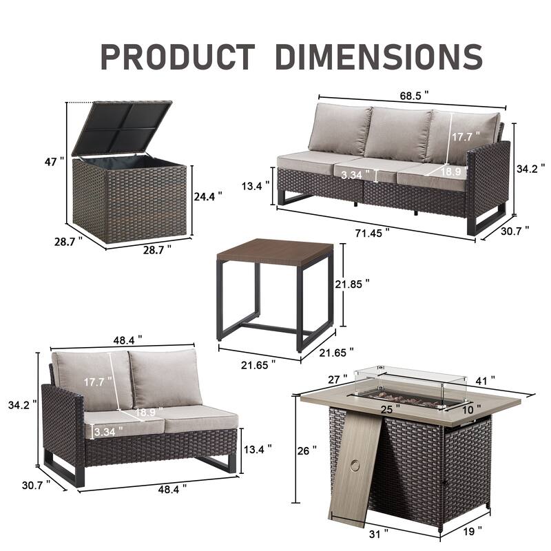 Gymojoy 5 Piece Wicker Outdoor Patio U-shaped feet Conversation Set Group , Include Fire Pit Table