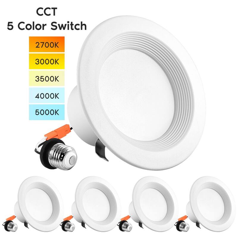 Luxrite 4" LED Recessed Can Lights, Color Selectable 2700K | 3000K | 3500K | 4000K | 5000K, Dimmable, 750 Lumens, 4-Pack - 5 Color Temperature Selectable