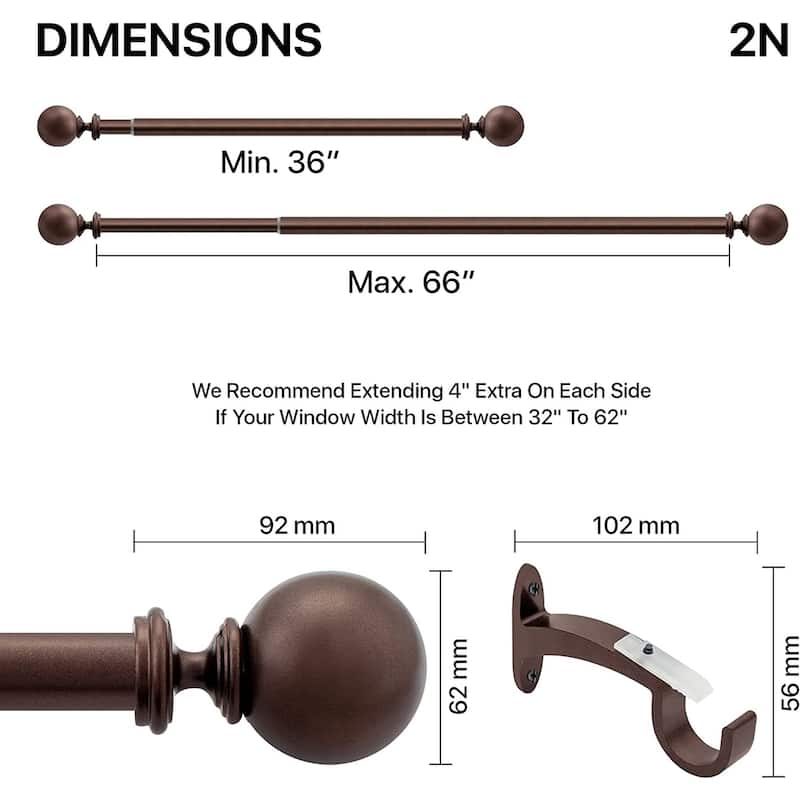 Deco window 1 Inch Adjustable Curtain Rod for Windows & Doors Curtains with Ball Finials & Brackets Set