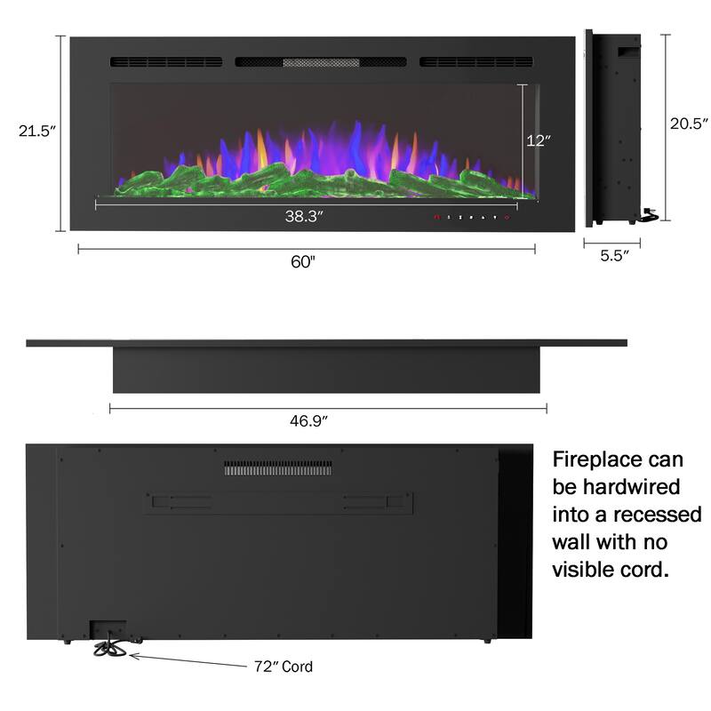 Hastings Home 60-Inch Electric Fireplace with 3-Color LED Flames