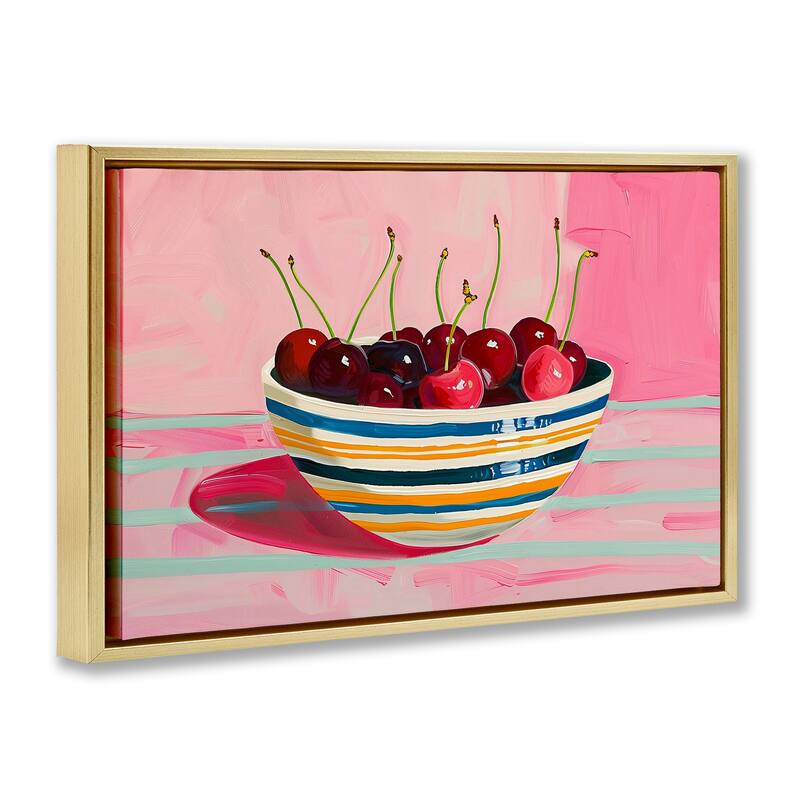 Stupell Bowl of Cherries on Pink Framed Floater Canvas Wall Art Design By Arlington Prints