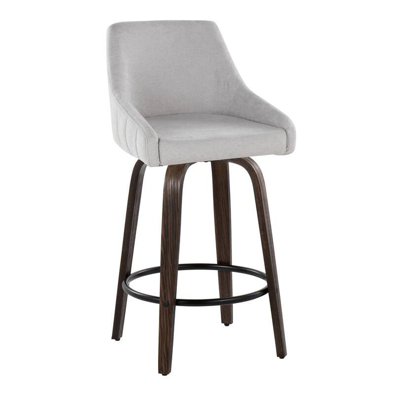 The Gray Barn Hadley 26" Fixed-Height Upholstered Counter Stool with Bent Wood Legs & Round Footrest (Set of 2) - Grey Fabric/Glazed Walnut/Black Metal