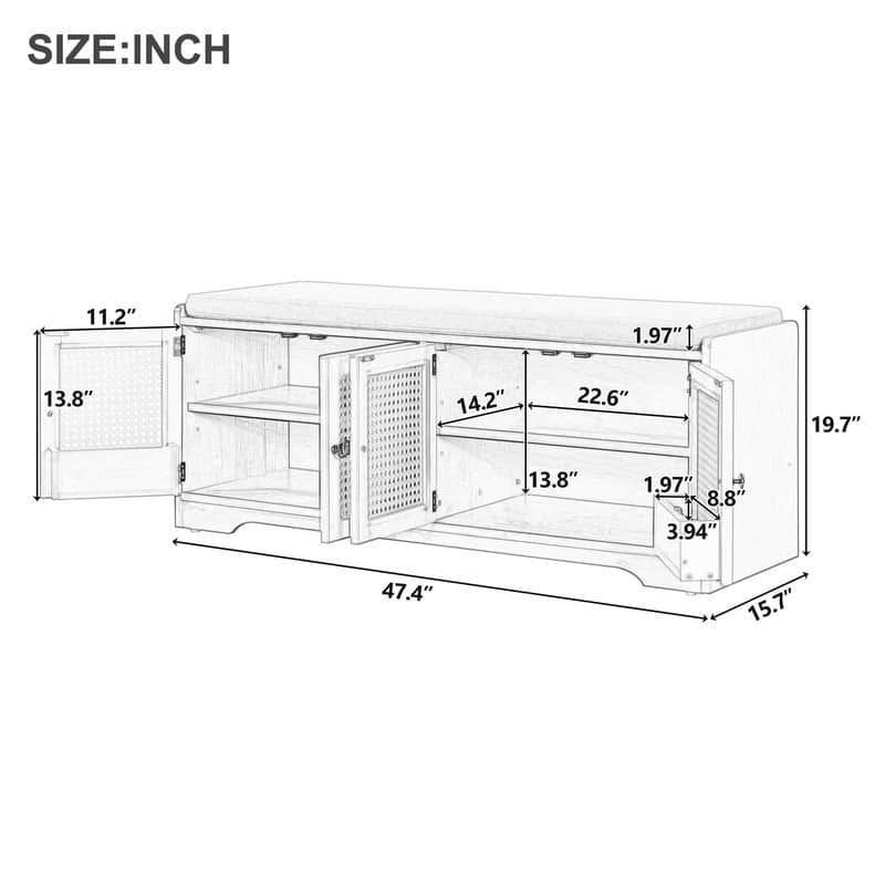 Rustic 47.4" Storage Bench Multifunctional Wooden Entryway Organizer with Removable Cushion and Rattan Doors