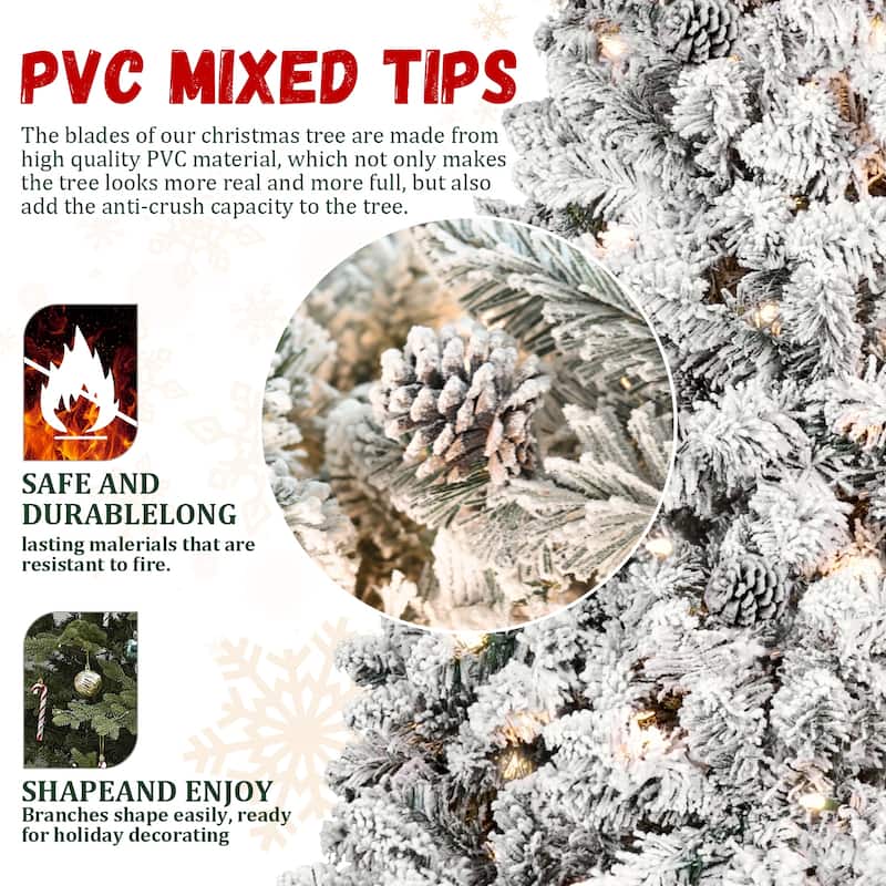 5FT Flocked Christmas Tree with 300 UL Lights and 27 Natural Pine Cones-Snowy PVC Tips, 600 Tips, Hinged Structure