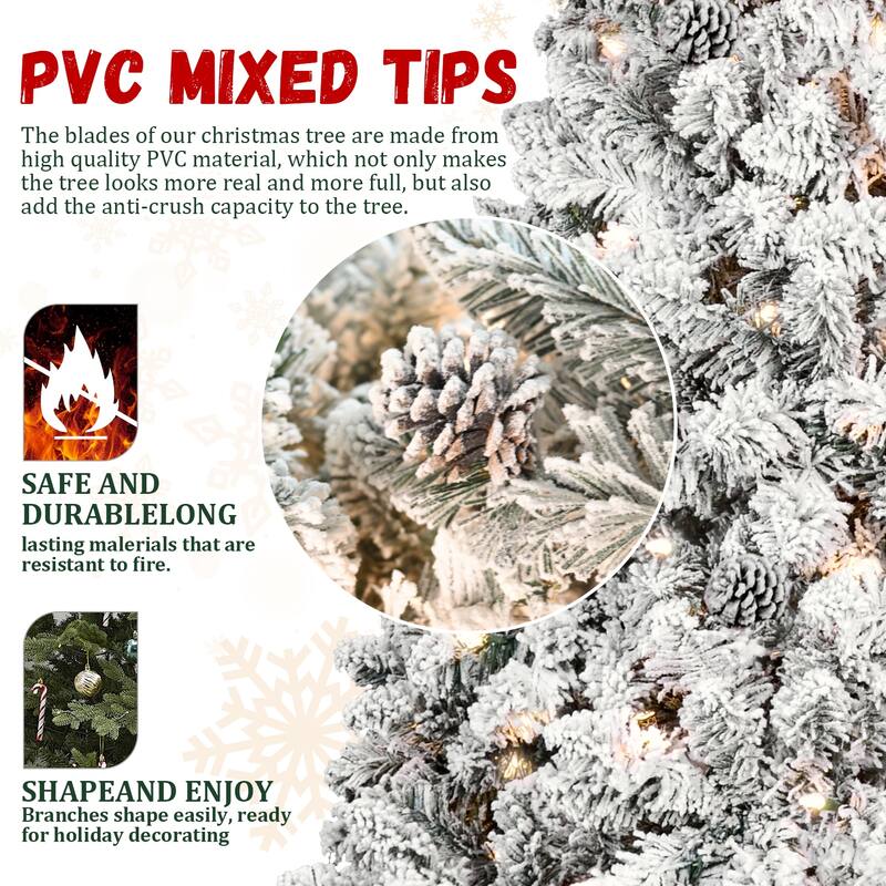 Pre-Lit Flocked Christmas Tree - UL Lights, Pine Cones, Snowy PVC Tips, Hinged Structure, Metal Stand - Green,White