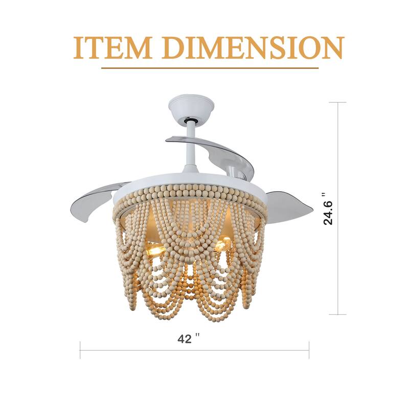 Cusp Barn 42" Retractable Ceiling Fan with Light, Farmhouse Wooden Bead Chandelier, Quiet DC Motor 6 Speeds Bohemian Ceiling Fan