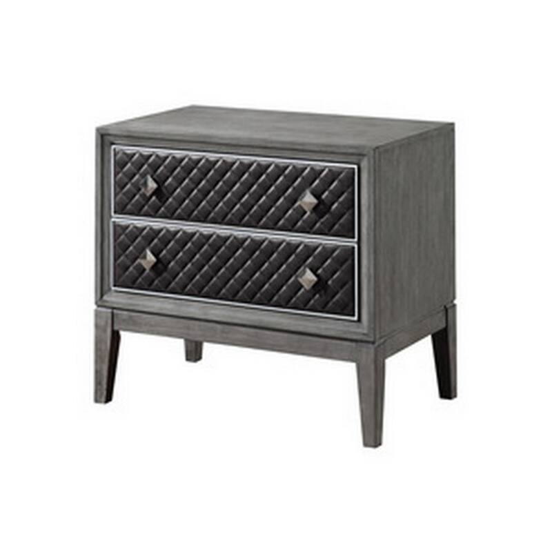 Stacy 29 Inch Nightstand, 2 Faux Leather Upholstered Drawers, Gray Wood