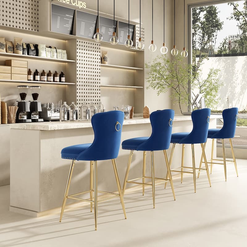 Bar Stools Set of 2, Velvet Counter Height Bar Stools with Metal Legs, Button Tufted and Nailheads Trim, Wing-Back Bar Chairs