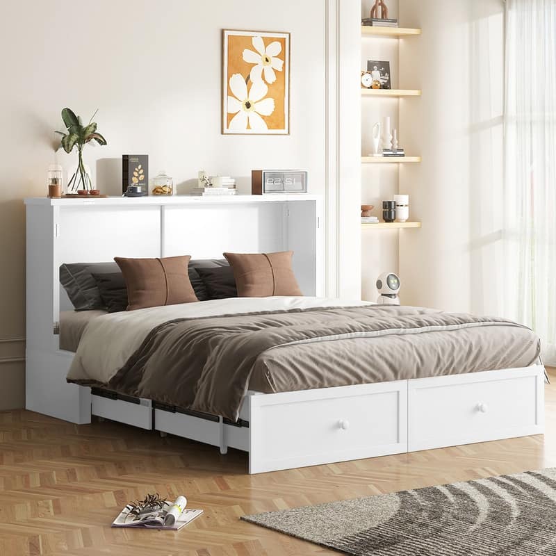 Mixoy Modern Queen Size Murphy Bed with 4.7''Mattress,USB ports,Storage Drawers