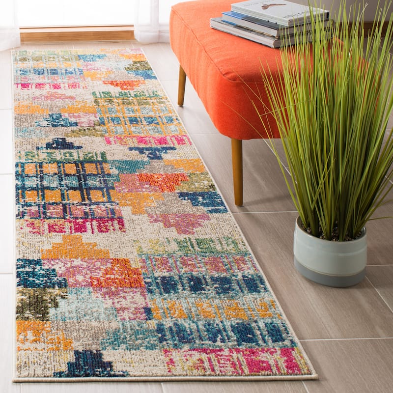 SAFAVIEH Madison Jocelyn Boho Distressed Rug - 2' x 8' Runner - Ivory/Multi