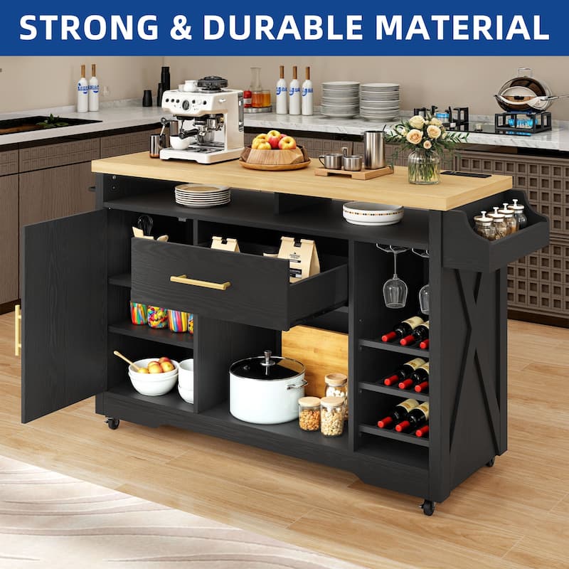 Moasis 47" Wide Mobile Kitchen Island Cart with Wine Storage Cabinet and Drawer&Power Outlet