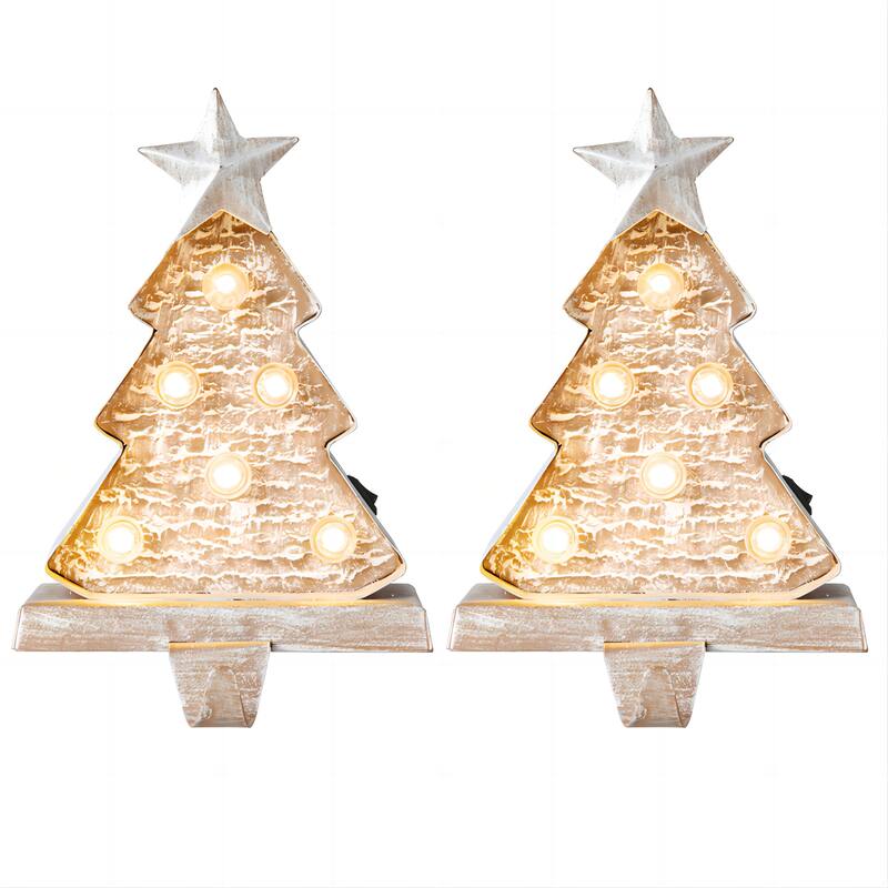 Glitzhome 7.5" H Christmas Silver LED Gift Box Heavy Duty Stocking Holders Mantel Ornament