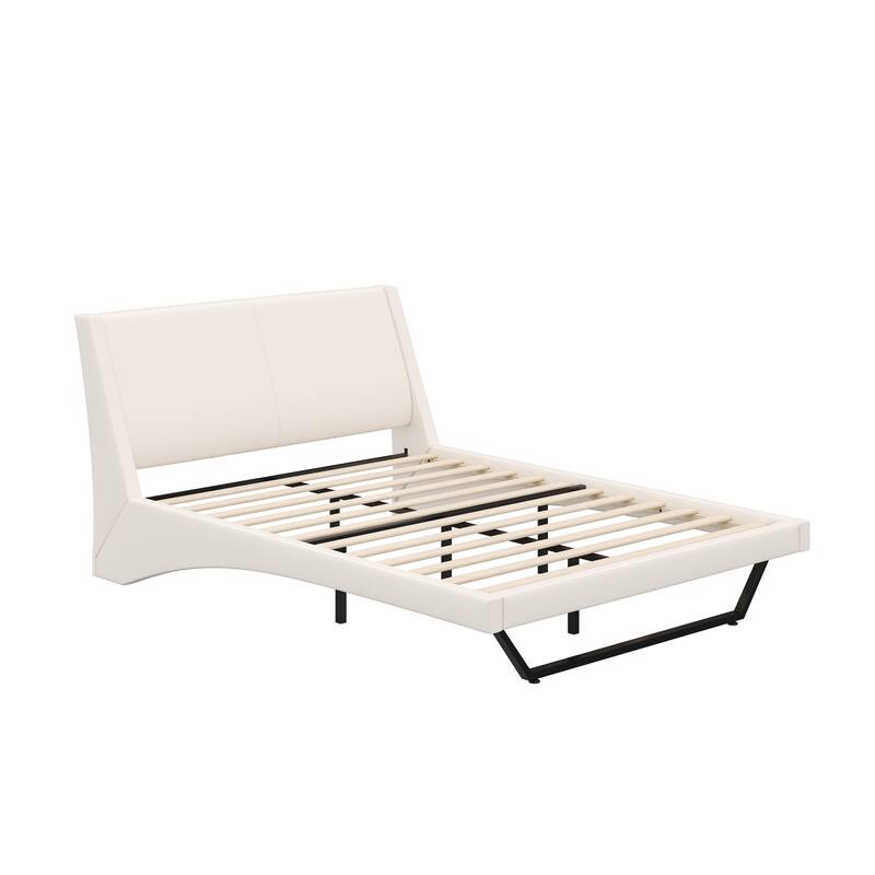 Wave-Like Curve Design Platform Bed Pu Leathe Upholstered Bed Frame Wooden Slat Support