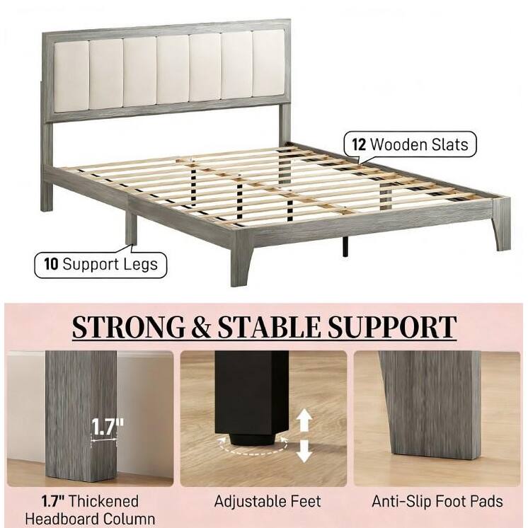 Rubber Wood Platform Bed Frame with Linen Fabric Upholstered Headboard/Adjustable Feet/No Box Spring Needed/Easy Assembly - Gray