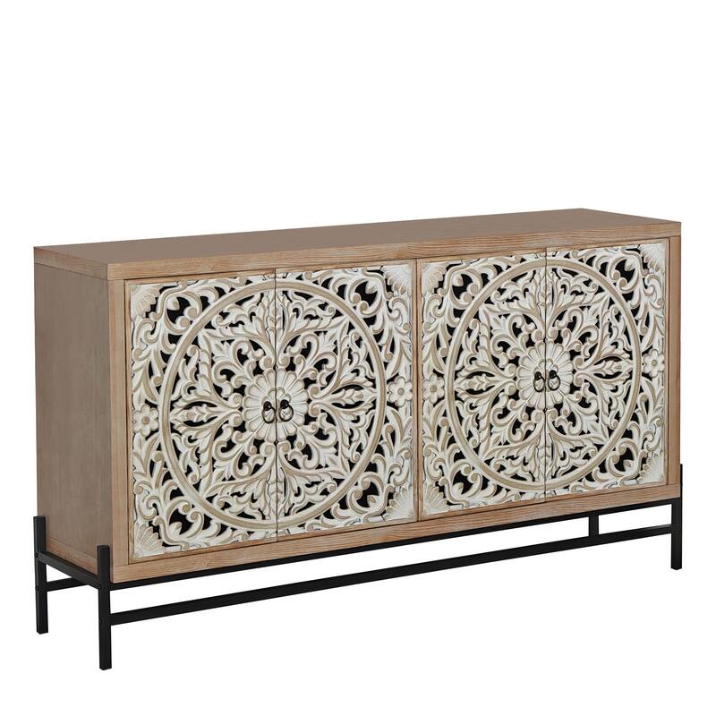 Rustic Carved Sideboard Buffet, Wood 4-Door Accent Cabinet, Storage Cabinet with Floral Hand-Carved Doors