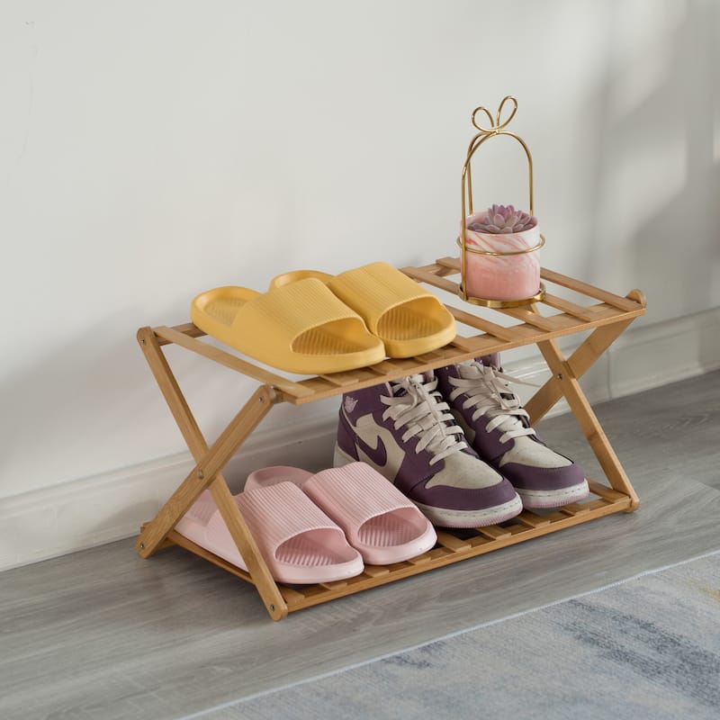Bamboo Foldable Shoe Rack, Free Standing Shoe Organizer Storage Rack