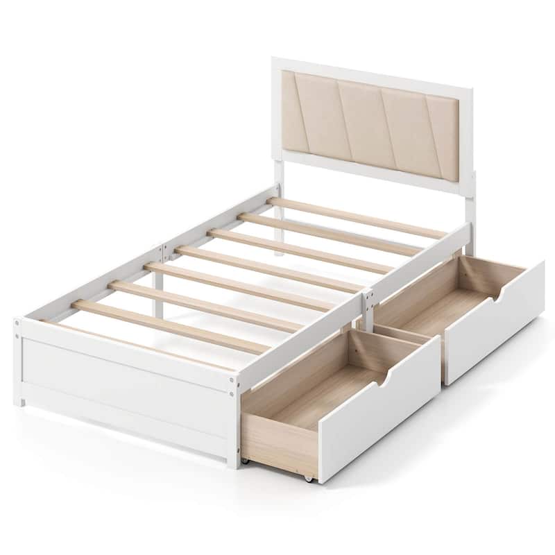 Costway Twin Size Bed Frame with 2 Storage Drawers Upholstered - White & Beige - Twin