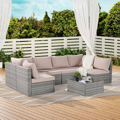 Outdoor 7-Piece Rattan Furniture Sofa and Table Set, American Traditional, Luxury Garden Patio Set with Weather-Resistant Frame