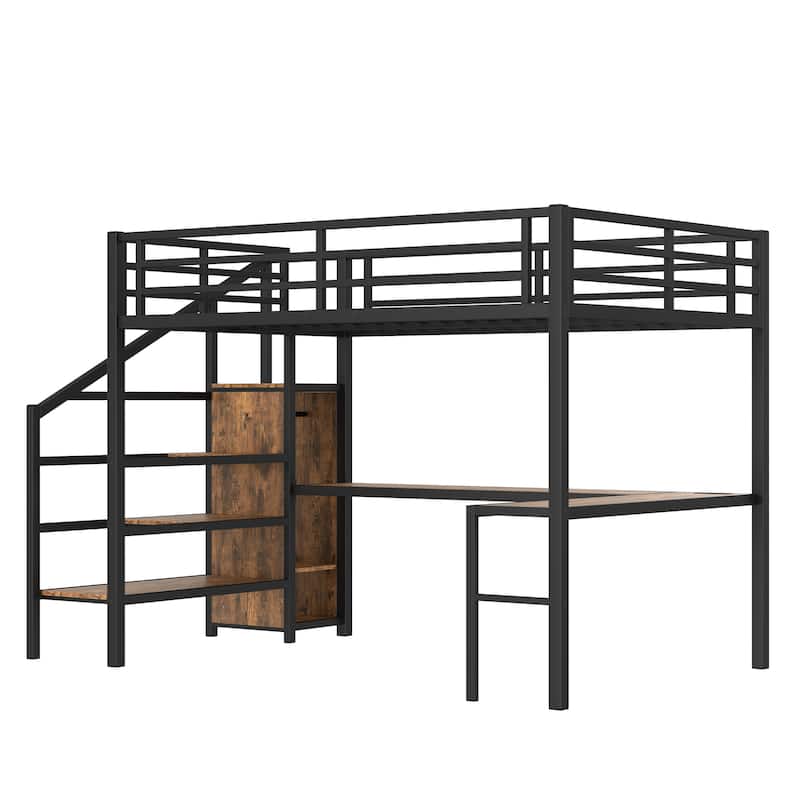 High Queen Size Loft Bed for Kids Teens Adults with L-shaped Desk, USB, Wardrobe, Storage Stairs and Adjustable Shelf