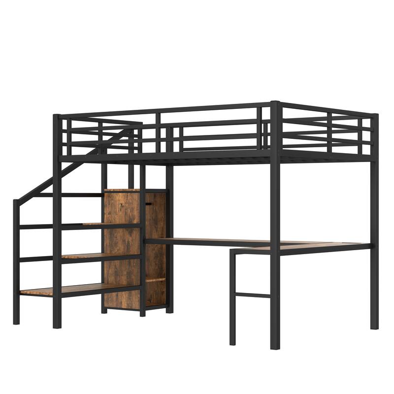 Queen Loft Bed with L-Shaped Desk - Metal Frame Features Wardrobe, Adjustable Shelf & USB/LED Lights