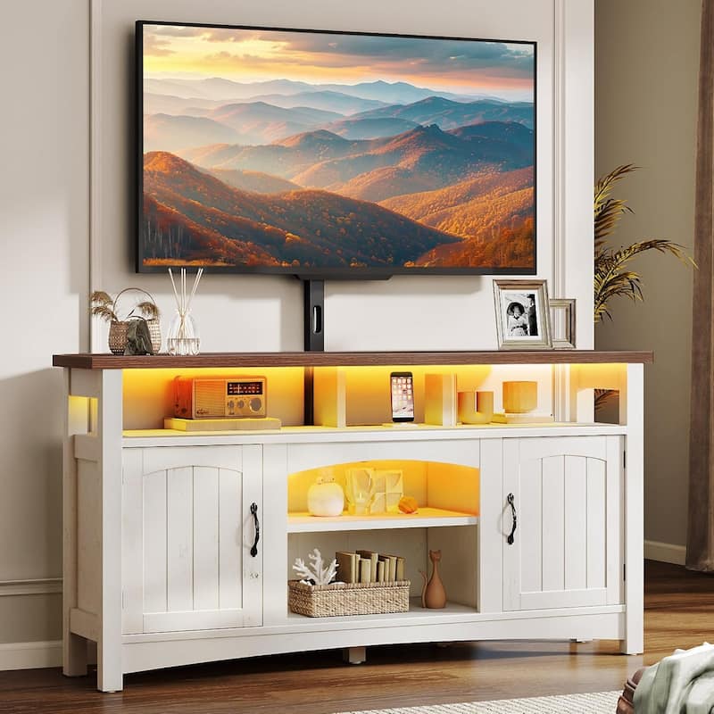 Moasis 54" Farmhouse LED TV Stand with Storage Shelves and Power Outlets - Off White