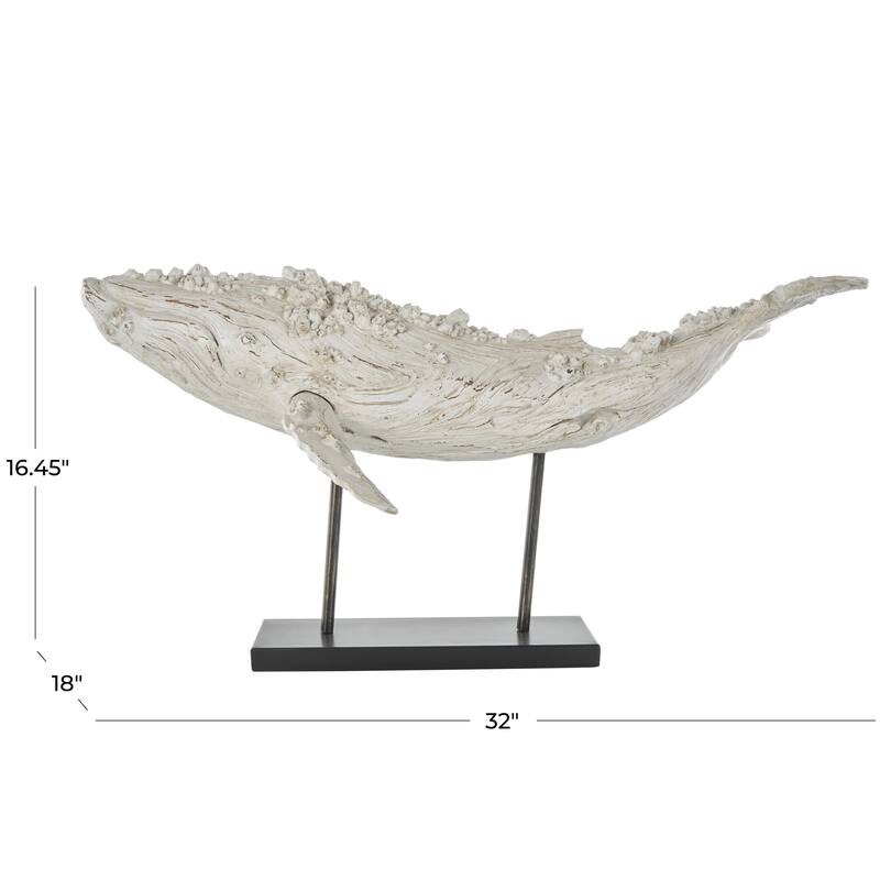 Polystone Whale Textured Decorative Sculpture with Brown Distressing and Black Metal Stand - Cream - Roche River Decor