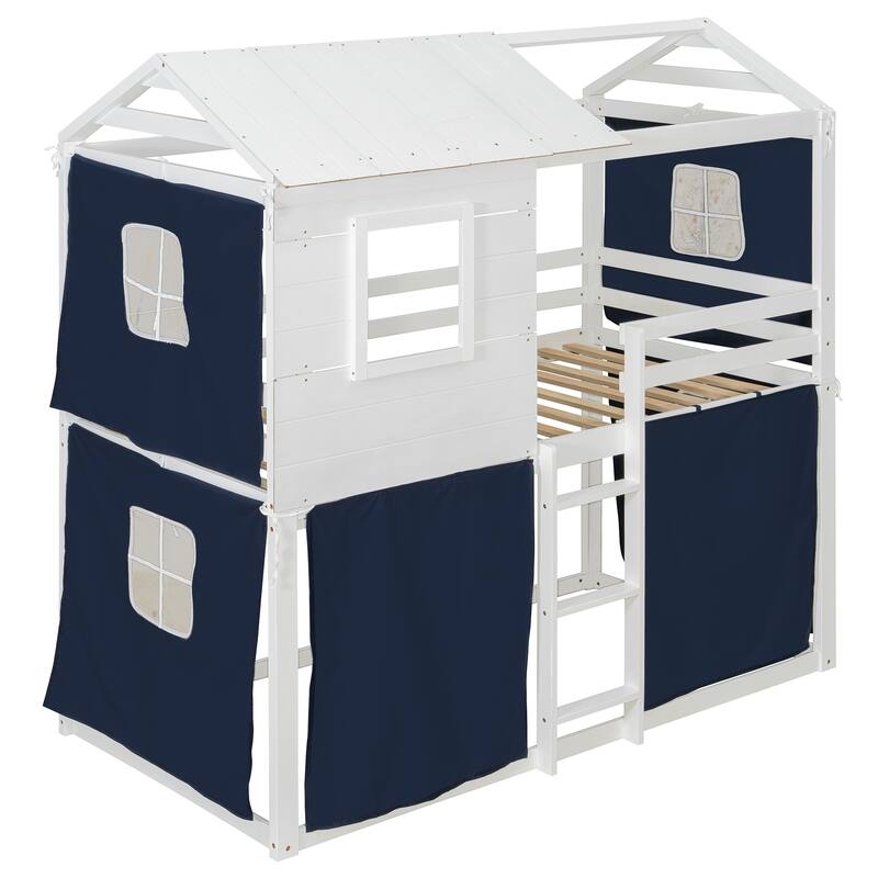 Twin Size Bunk Bed with Playhouse Tent Design and Solid Pine Wood Frame