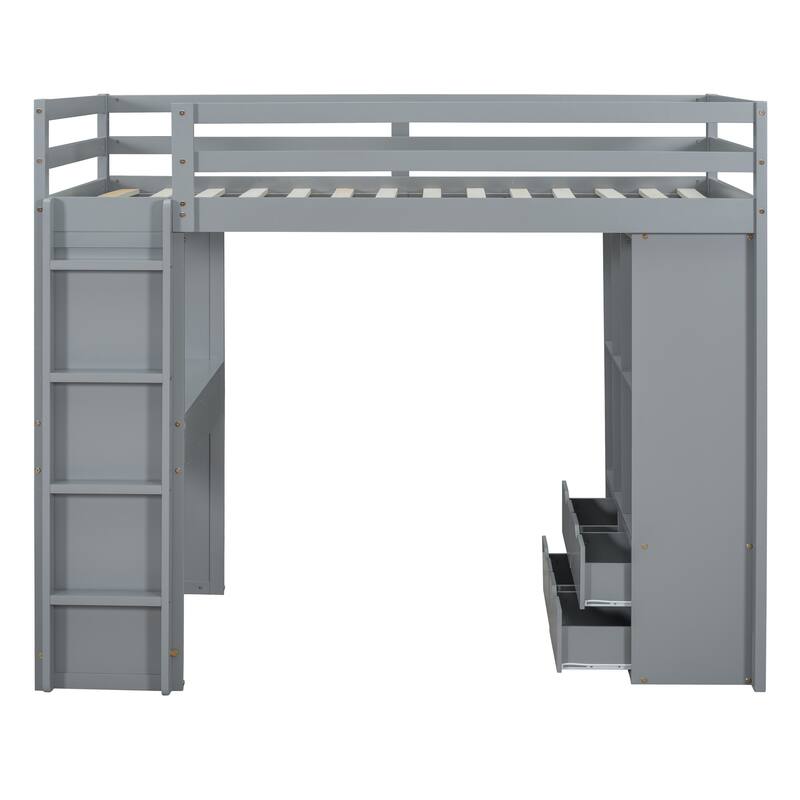 Twin Loft Bed with Shelves, Desk, and LED Light in Gray
