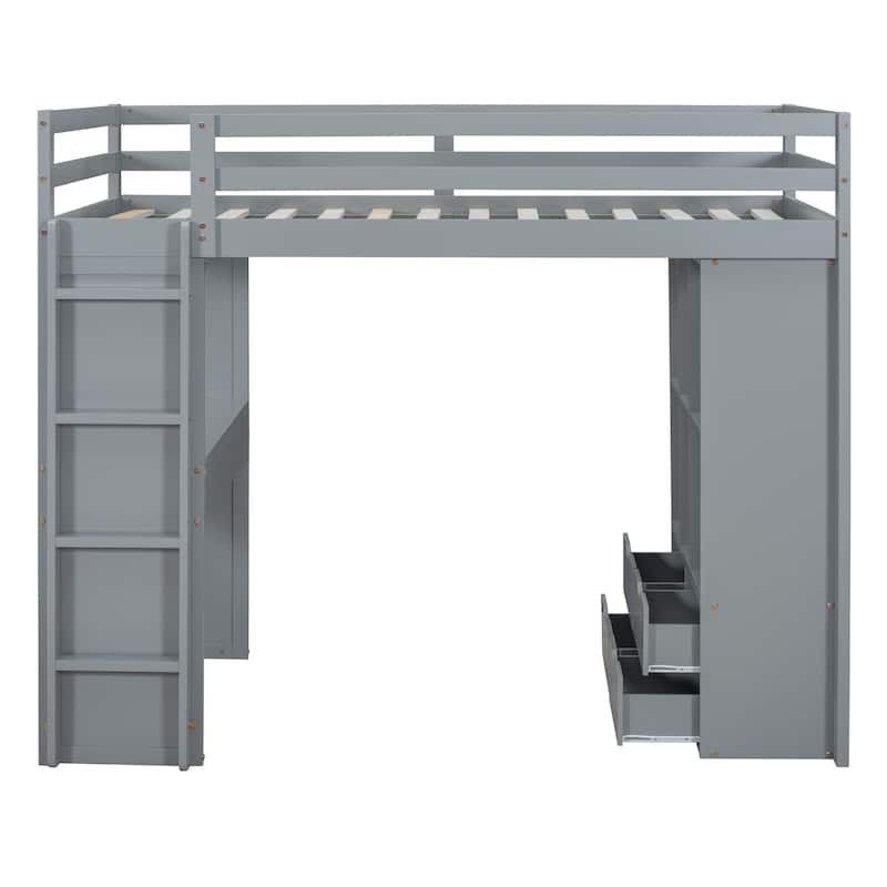 Twin Size Solid Wood Loft Bed with large shelves, writing desk and LED Light for Bedroom