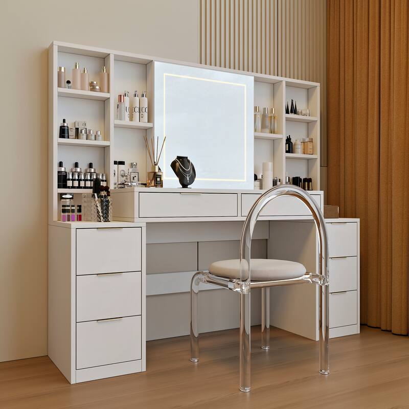 Makeup Vanity Desk with Mirror and Lights, 54" Large Vanity Table with 8Drawers & Open Storage Shelves, Brightness Adjustable