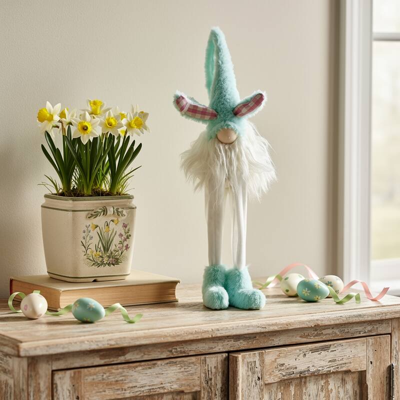 HomeRoots 23" Blue and White Fabric Standing Gnome Tabletop Sculpture - 4' X '22.8' X '4.7