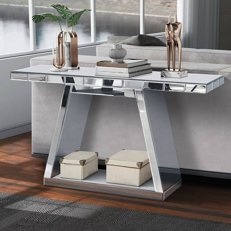 Modern Full-Body Mirror Console Table with Sturdy Construction and Open Storage