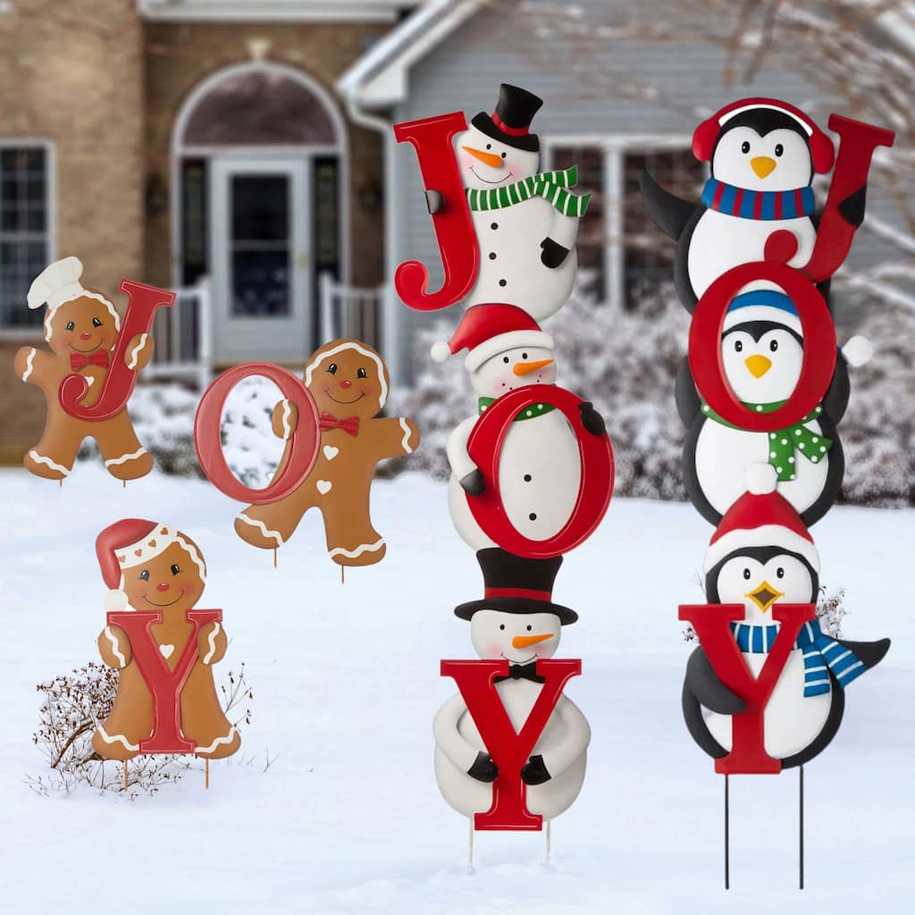 Glitzhome Metal "JOY" Snowman Gingerbread Man Penguin Yard Stake