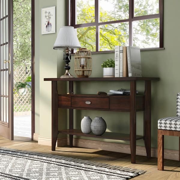 slide 2 of 7, Genoas Traditional Walnut 44-inch Glasstop 1-Drawer Console Table by Furniture of America Dark Walnut