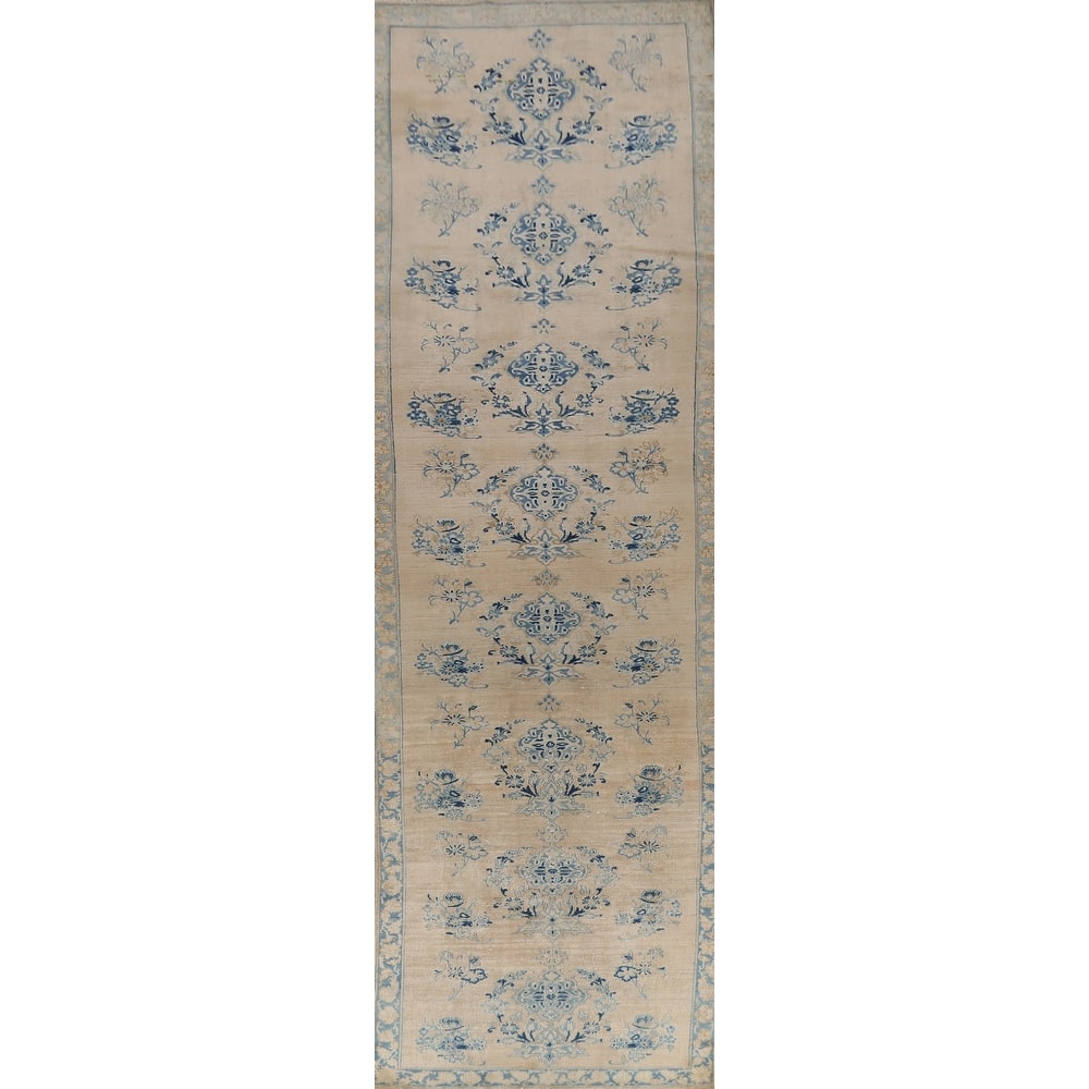 Hand Knotted Oriental 100% Wool Carpet Traditional Floral Beige & Ivories Mahal Runner Rug - 14' 1'' X 3' 5''