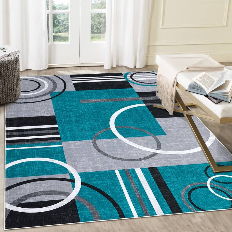 Washable Rugs for Living Room Bedroom Circles Pattern Rug Modern Geometric Area Rug - Turquoise - 4' x 6'