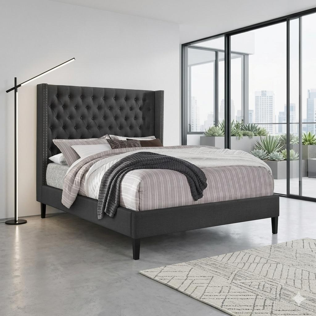 Modern Platform Bed with Tall Wing Back Headboard Linen Fabric Tufted Bed Frame