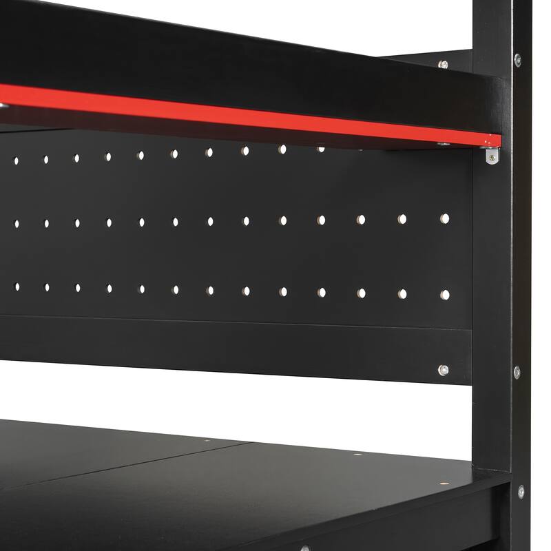 Gaming Loft Bed with Recessed Table Cabinet Pegboard Storage Stairs