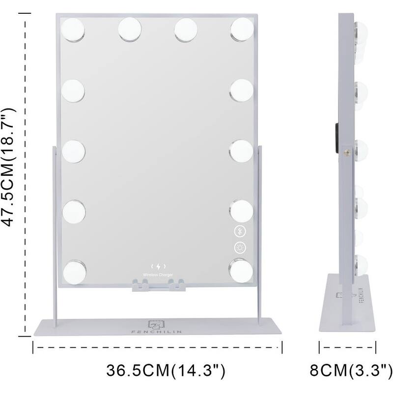 VANITII Hollywood Vanity Makeup Mirror With 12 LED Bulbs Wireless Charge White Bluetooth 10X Magnifying Glass Smart Control