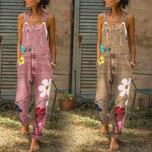 Denim Overalls With Colorful Flowers Accents, S-5X. Opens flyout.