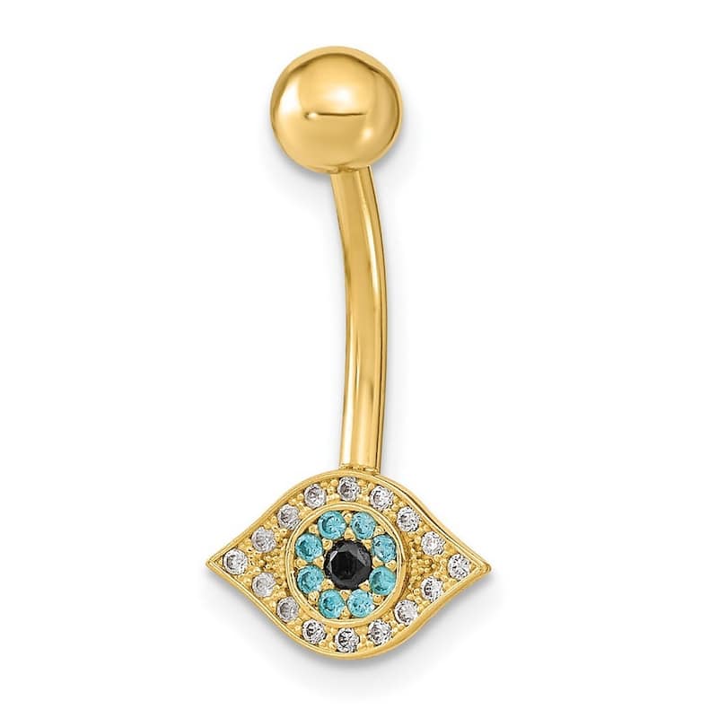 Curata 14k Yellow Gold 14g Evil Eye Blue CZ Simulated Diamond Belly Navel Ring Piercing