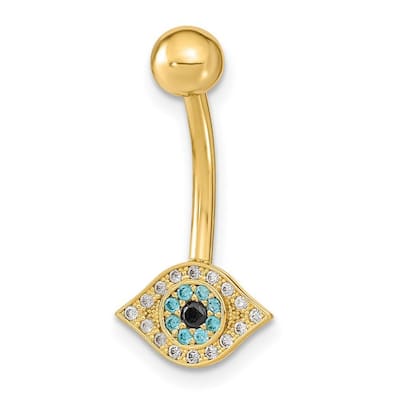 Curata 14k Yellow Gold 14g Evil Eye Blue CZ Simulated Diamond Belly Navel Ring Piercing