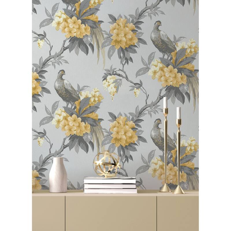 Brewster Golden Pheasant Grey Floral Wallpaper