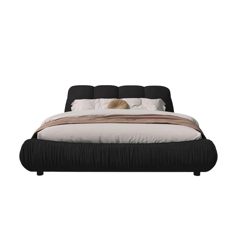 King Upholstered Platform Bed with Cushioned Headboard in Grey