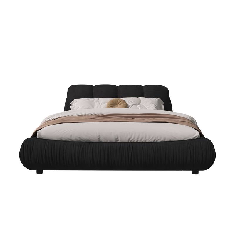 Queen Size Upholstered Platform Bed with Cushioned Headboard - Sturdy Solid Wood Frame.